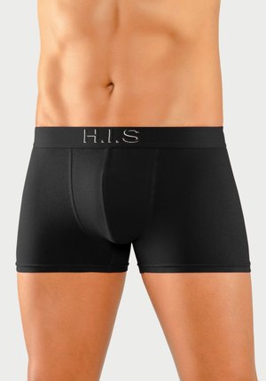 Black boxer briefs made from a smooth, stretch fabric. Features an elastic waistband with "H.I.S" logo in silver stitching. Mid-thigh fit.