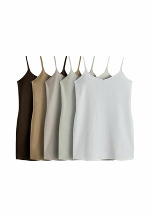 Sieben ärmellose Camisole-Tops mit dünnen Trägern, nebeneinander angeordnet in Farbtönen von Dunkelbraun bis Off-White.