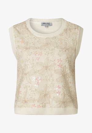 Ärmelloses Stricktop in Creme mit großflächiger beiger Blumen-Spitzenapplikation und dezent verstreuten Pailletten, rundem Halsausschnitt, gerippten Kanten.