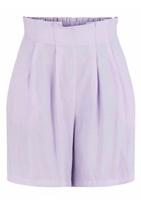 Lavendelfärgade shorts med hög midja, som har mjuka veck, en slät yta och en elastisk midja för bekvämlighet.