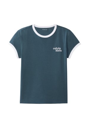 Dark teal short-sleeve t-shirt with white collar and sleeve edges, featuring small white "calvin klein" logo on left chest.