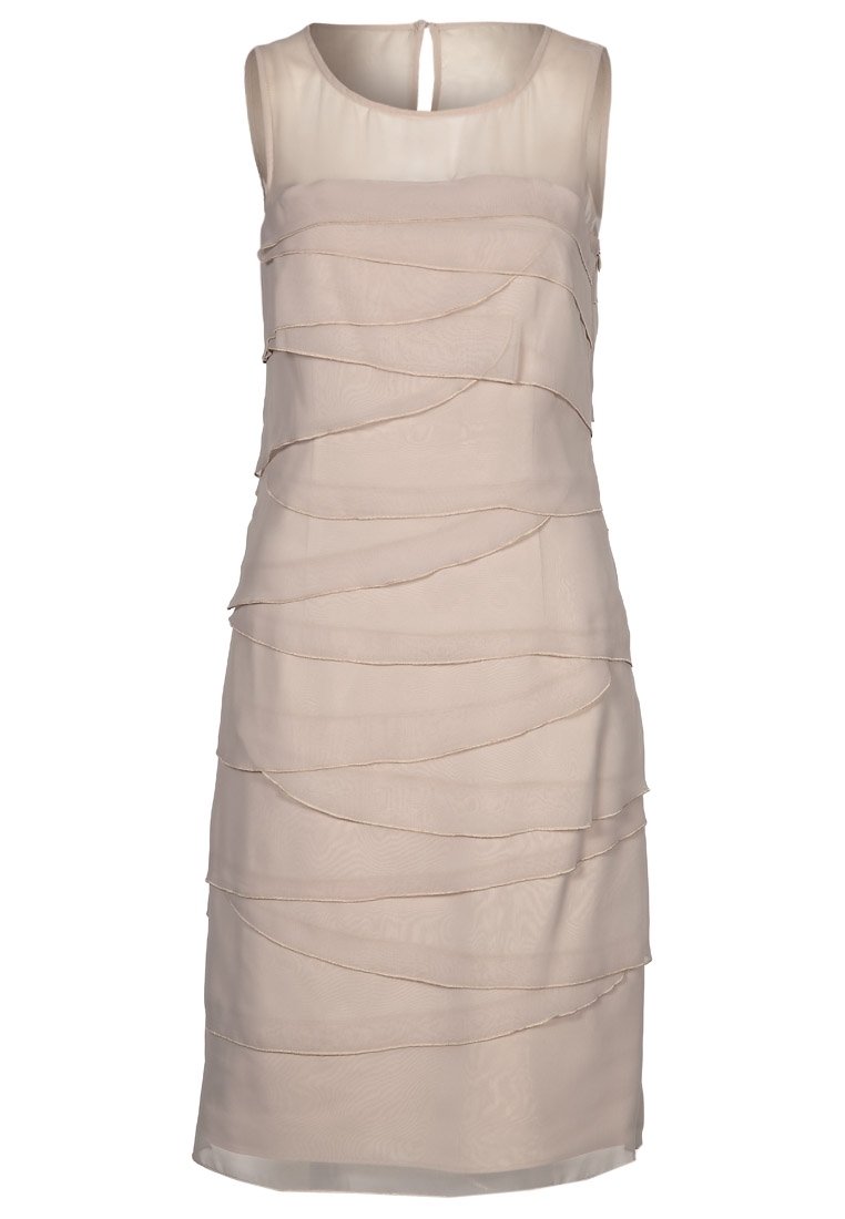 Abito senza maniche beige con tessuto trasparente stratificato, scollo rotondo e un piccolo dettaglio a chiave sulla schiena. Design testurizzato e fluido in tutto l'abito.
