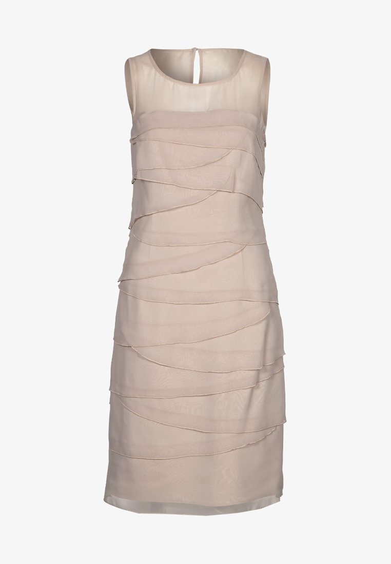 Abito senza maniche beige con tessuto trasparente stratificato, scollo rotondo e un piccolo dettaglio a chiave sulla schiena. Design testurizzato e fluido in tutto l'abito.