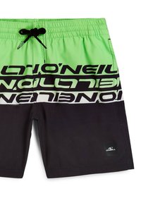 Pantaloni da nuoto verdi e neri con vita elasticizzata e lacci, design del logo stampato audace e texture liscia. Accento nero nella parte inferiore.
