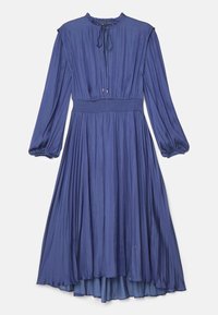 Vestido de manga larga, ajustado en la cintura, en azul profundo, con falda plisada, cuello redondo con detalle de lazo y puños elásticos.