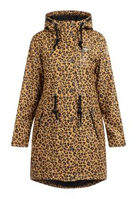 Leopardmönstrad regnjacka i tan och svart med justerbar huva, dragskor, fickor med dragkedja och vattentätt material.