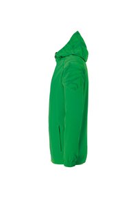 Grüne wasserdichte Jacke mit Kapuze, Seitentaschen und geometrischen Mustern an den Schultern. Hergestellt aus leichtem, atmungsaktivem Material.