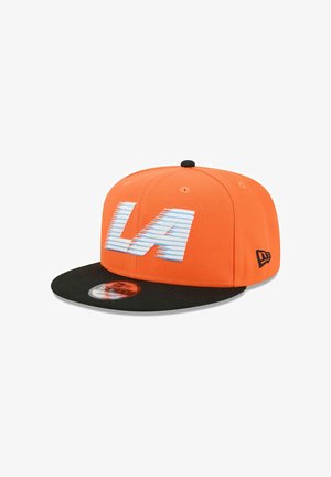 Orange cap with black brim, featuring bold white and blue "LA" text on the front. Made from fabric with a structured design.