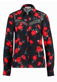 Blusa nera a maniche lunghe con motivo floreale rosso e grigio. Dettaglio in pizzo trasparente sulle spalle e bottoni frontali. Tessuto morbido.