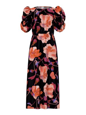 Vestido floral com mangas bufantes, apresentando grandes flores laranja e cor-de-rosa sobre um fundo preto. Feito de tecido suave, design de comprimento médio.