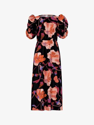 Vestido floral com mangas bufantes, apresentando grandes flores laranja e cor-de-rosa sobre um fundo preto. Feito de tecido suave, design de comprimento médio.