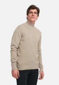 Suéter beige con cremallera y patrón de espiga, con puños y dobladillo acanalados, que presenta un cuello alto y una textura suave. Combinado con pantalones oscuros.