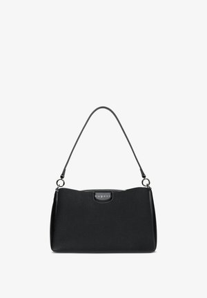 Black Bugatti handbag with textured surface, zip closure, single shoulder strap, and silver-tone ring attachments on strap ends.