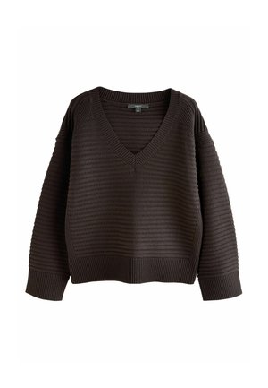Maglione oversize marrone scuro con scollo a V, texture a coste e motivo a righe orizzontali. Presenta maniche lunghe e una vestibilità rilassata.