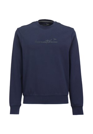 Mørkeblå sweatshirt i blødt stof, med rund halsudskæring og ribbet manchetter. Subtilt logo broderet i lys grå på fronten.