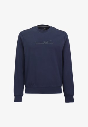 Granatowy sweter w miękkim materiale, z okrągłym dekoltem i ściągaczami. Dyskretny, lekko szary haft z logo z przodu.