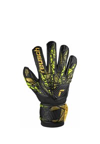 Guanto da portiere nero con motivi geometrici giallo neon, logo "reusch" e cinturino regolabile per il polso con dettagli dorati.