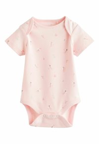 Lühikeste varrukatega roosa bodi, valmistatud pehmest puuvillast, lille- ja liblikamustriga, koos allosas olevate kinnitusklambritega, mis lihtsustavad riietamist.