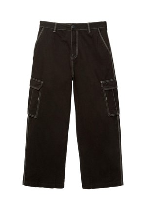 Black wide-leg cargo pants with white stitching, front button, belt loops, side pockets, and flap pockets on each thigh.