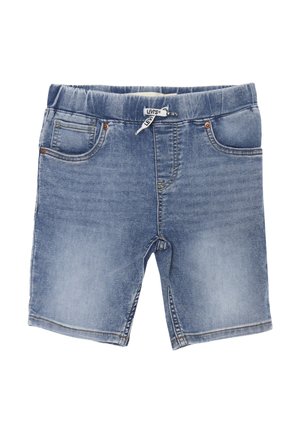 Shorts in denim blu con vita elastica, design a cinque tasche e dettagli di cucitura visibili. Texture leggermente consumata.