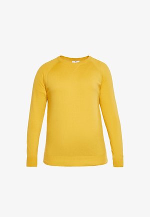 Yellow long-sleeve sweater made of soft fabric, featuring a crew neckline and raglan sleeves for a comfortable fit.