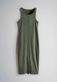 Ärmelloses, olivgrünes Midikleid mit rundem Ausschnitt und durchgehender Knopfleiste vorne, flach auf einem hellgrauen Hintergrund liegend.