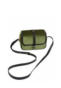 Green ribbed fabric crossbody bag with a black leather strap and trim. Features a front flap with a gold-tone buckle and zipper closure.