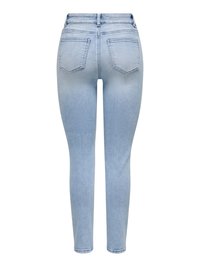 Jean skinny bleu clair vu de dos avec deux poches arrière et un léger effet délavé sur le tissu.
