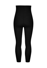 Leggings neri con vita alta, realizzati in un materiale elastico e liscio. Presentano un design aderente e senza cuciture visibili.