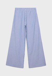 Pantalon large à rayures verticales bleu clair et blanc avec une taille élastique, présenté à plat sur fond blanc.