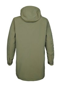 Lange olijfgroene jas met capuchon, met een gladde textuur, rechte snit en knoopaccenten op de mouwen. Achteraanzicht.