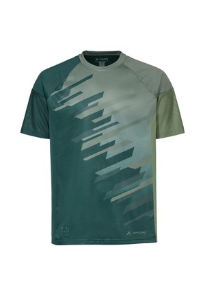 T-shirt met korte mouwen voor sport, met groen-grijs geometrisch patroon, ronde hals en Vaude-logo op de voorkant onderaan.