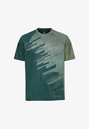 T-shirt met korte mouwen voor sport, met groen-grijs geometrisch patroon, ronde hals en Vaude-logo op de voorkant onderaan.