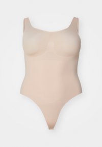 Hnedý bodysuit s tenkými ramienkami, bezšvový dizajn, priliehavý tvar a bikinový zadoček. Vyrobený z hladkého, elastického materiálu.