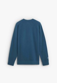 Sudadera azul de manga larga, con cuello redondo, puños y dobladillo acanalados. Textura de tela suave con un pequeño logo cerca del dobladillo.