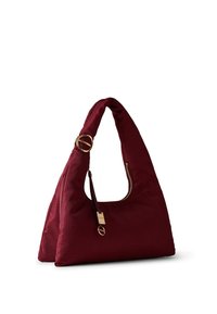 Burgundy shoulder bag crafted from textured fabric, featuring a curved handle and gold-tone hardware, with a zippered opening and minimal accents.