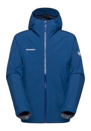 Blaue wasserdichte Kapuzenjacke mit Frontreißverschluss, Mammut-Logo auf Brust und Ärmel, lange Ärmel mit verstellbaren Manschetten.