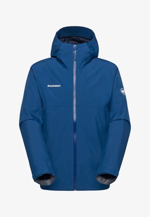 Blaue wasserdichte Kapuzenjacke mit Frontreißverschluss, Mammut-Logo auf Brust und Ärmel, lange Ärmel mit verstellbaren Manschetten.