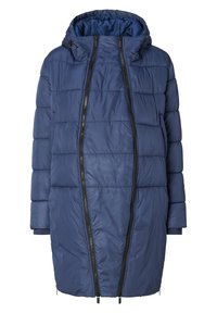 Casaco puffer azul marinho com capuz, apresentando textura acolchoada, dois zíperes frontais e punhos elásticos. O comprimento chega até à metade da coxa.
