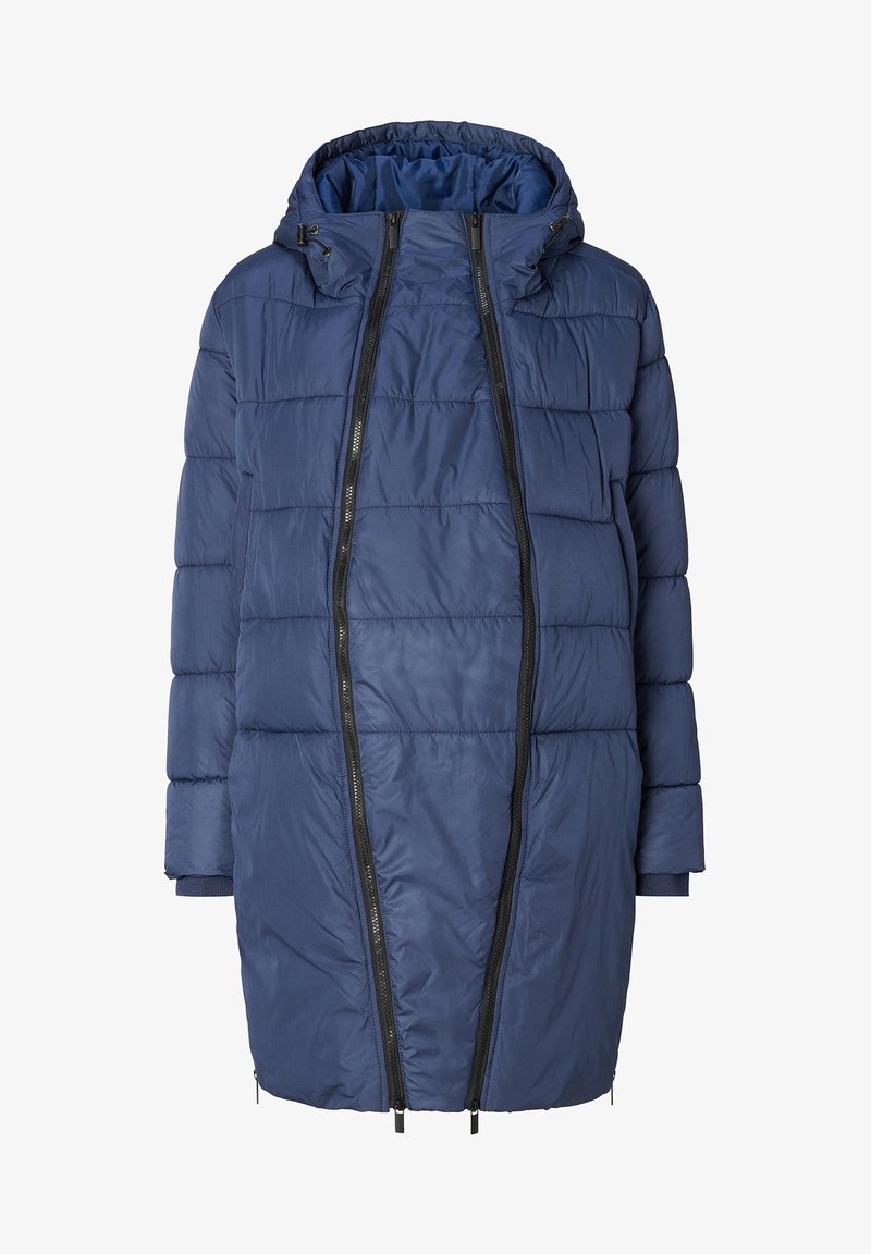 Casaco puffer azul marinho com capuz, apresentando textura acolchoada, dois zíperes frontais e punhos elásticos. O comprimento chega até à metade da coxa.