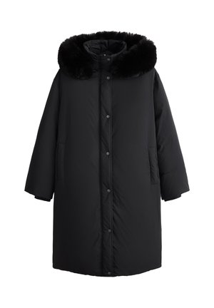 Zwarte donsjas met een afneembare nepbontkraag, drukknoopsluiting, zijzakken en een losse, oversized pasvorm.