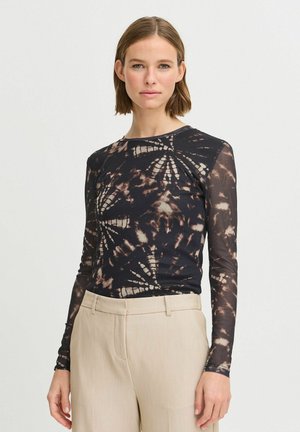 Long-sleeve black and tan tie-dye top with a fitted design and sheer sleeves, made of a lightweight, stretchy material.