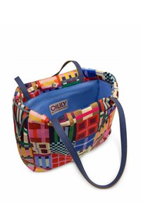 Kleurrijke handtas met patchworkpatroon, een blauwe binnenkant, lange blauwe hengsels en een binnenzak met rits met het label "OILILY Spreek je vreugde?"