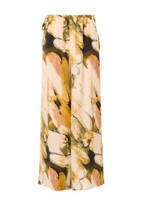 Maxisukně s květinovým potiskem z jemného materiálu; má elastický pas, teplé odstíny broskvové, zelené a béžové s abstraktními vzory.