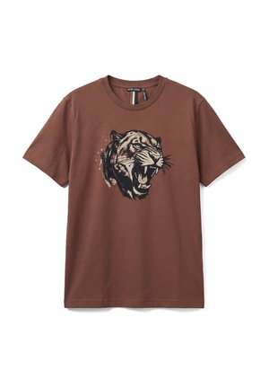 Bruin T-shirt met korte mouwen en een gedetailleerde grafiek van een brullende tijgerkop in het midden aan de voorkant.