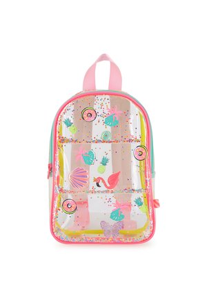 Läpinäkyvä reppu, jossa on vaaleanpunainen reunus ja kantokahva, koristeltu värikkäällä konfetilla, ananaksilla, flamingolla, simpukalla, perhosella ja trooppisilla lehdillä.