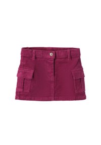 Lila Cord-Röckchen aus strukturiertem Stoff, mit zwei seitlichen Taschen und einer knöpfbaren Vorderseite.