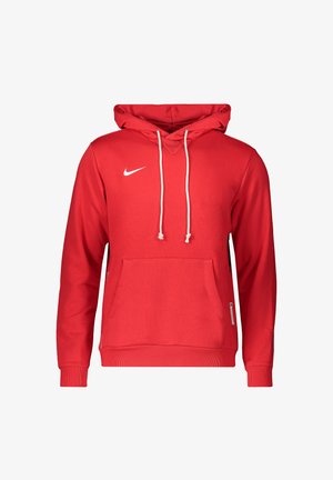 Roter Nike-Hoodie mit weißen Kordeln, vorderer Kängurutasche sowie gerippten Bündchen und Saum.