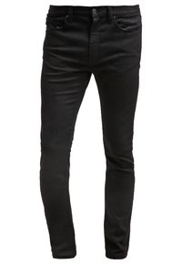 Jean en denim noir coupe slim avec fermeture par bouton et fermeture éclair, poches avant et arrière, et passants pour ceinture, conçu pour les hommes.