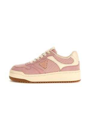 Rosa-beiger Sneaker mit niedrigem Schaft, Mesh- und Veloursleder-Einsätzen, cremefarbenen Schnürsenkeln, dicker Sohle und dreieckigem Logo an der Seite.